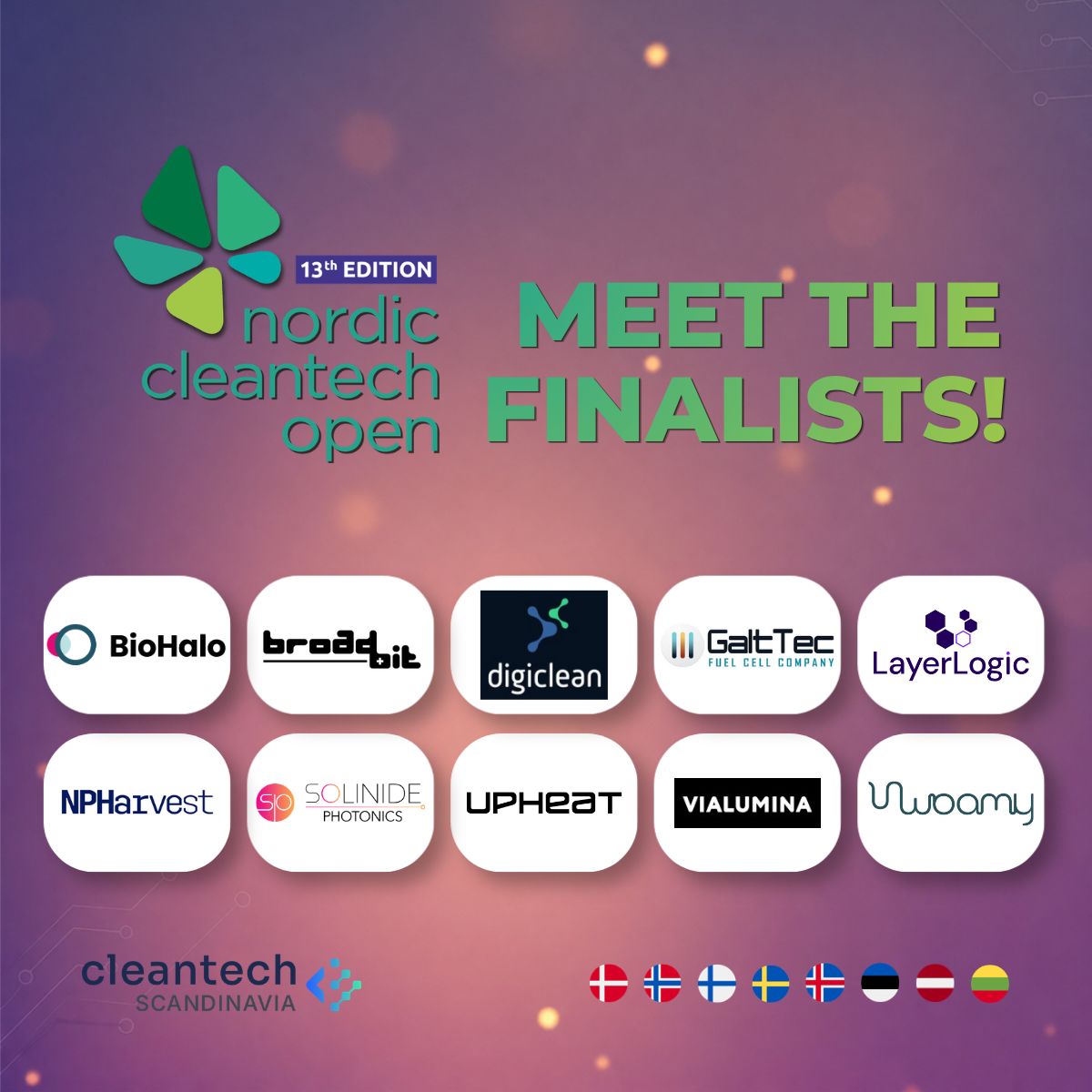 Finalists of Nordic Cleantech Open 2026: BioHalo, BroadBit Batteries, Digiclean Solutions, GaltTec, LayerLogic, NPHarvest, Solinide Photonics, Upheat Solutions, Vialumine and Woamy